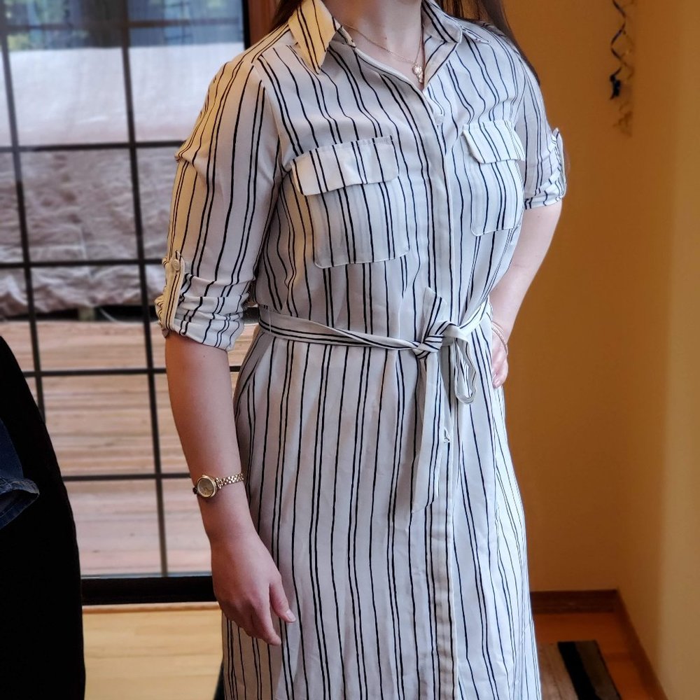 White Dress Shirt Dress with Black Stripes